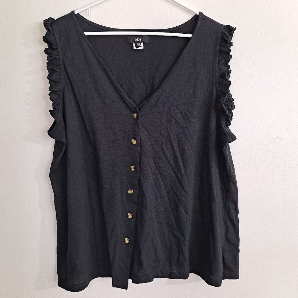Ellos Women's Button-Front Ruffle Sleeve Black Tank Top Sleeveless Shirt